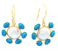 Gold Turquoise Sunburst Pearl Drop Earring