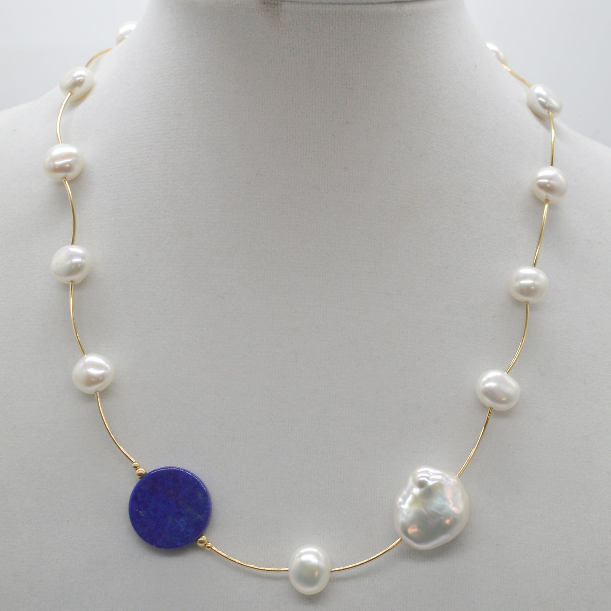 Tin Cup Freshwater Pearl Lapis Lazuli 14K gold filled necklace