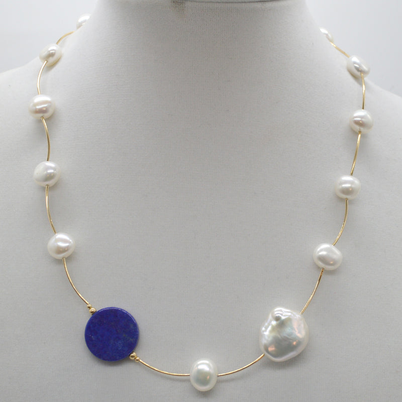 Tin Cup Freshwater Pearl Lapis Lazuli 14K gold filled necklace