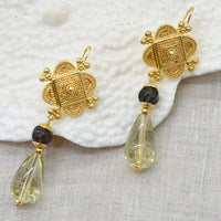 Marrakesh Lemon Quartz and Carved Smokey Quartz Earrings