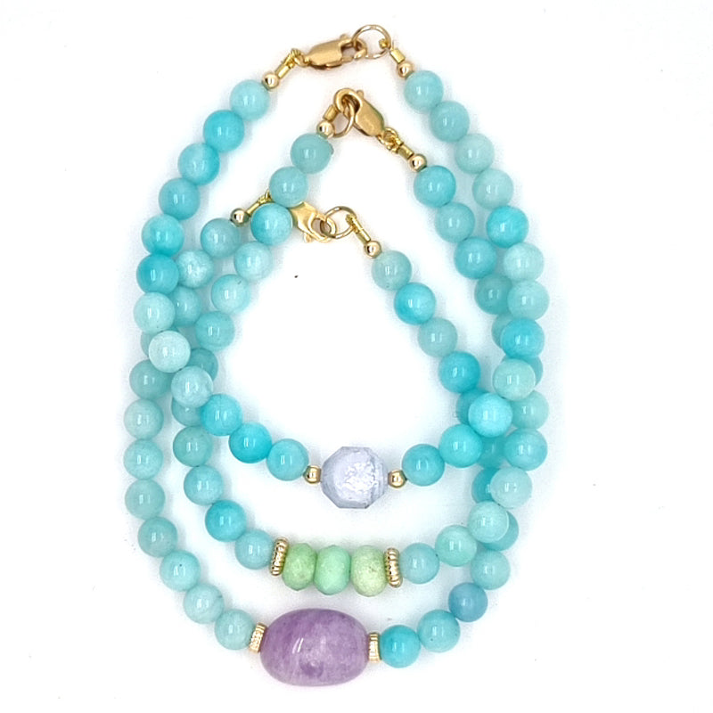 Deva Amazonite, Blue Lace Agate, Chrysophase 14k gold Necklace