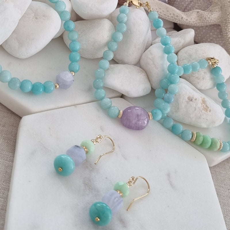 Deva Amazonite, Blue Lace Agate, Chrysophase 14k gold Necklace