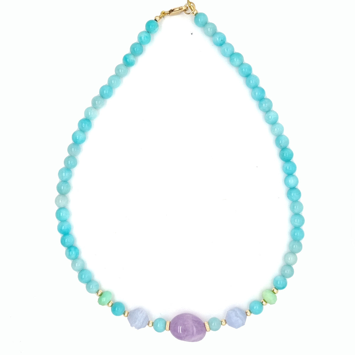 Deva Amazonite, Blue Lace Agate, Chrysophase 14k gold Necklace