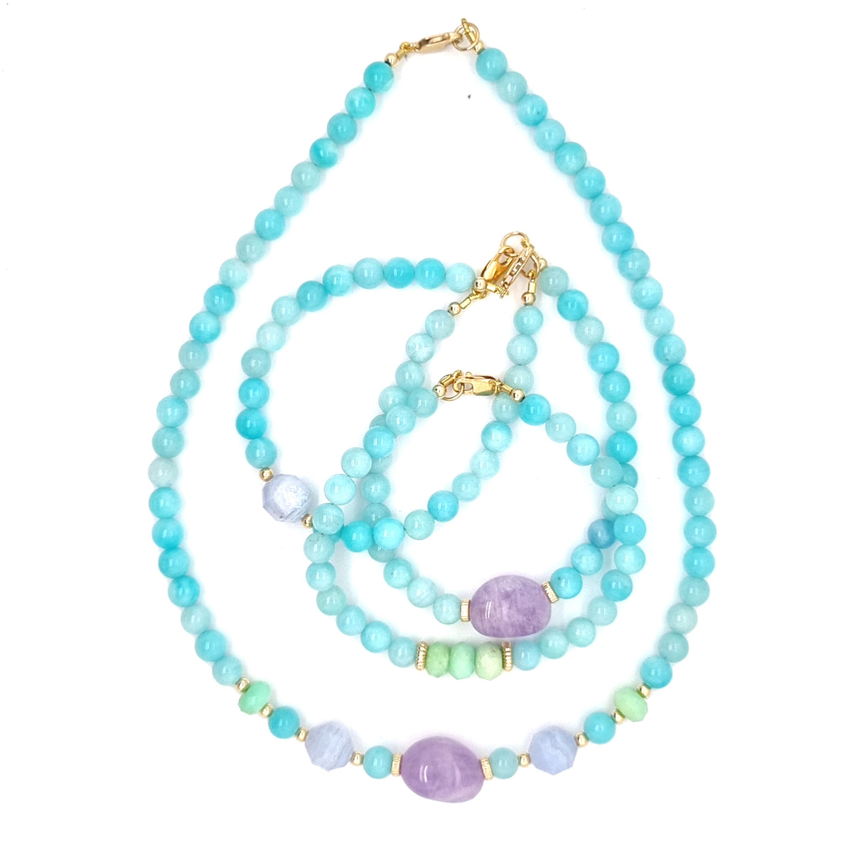 Deva Amazonite, Blue Lace Agate, Chrysophase 14k gold Necklace