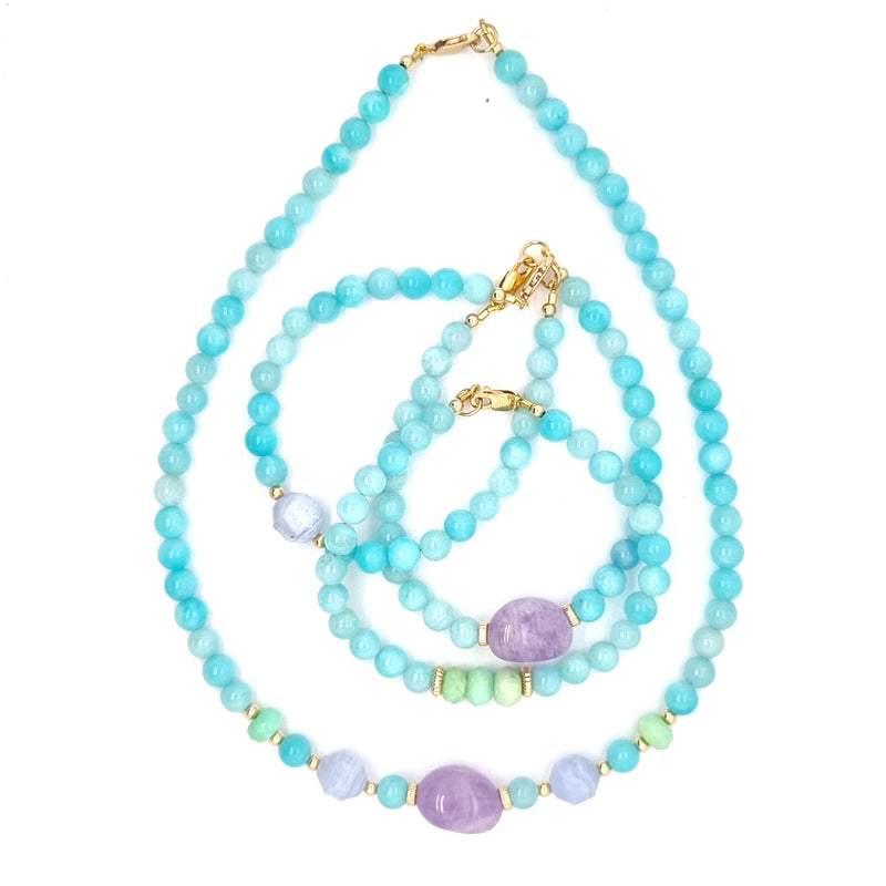 Deva Amazonite, Blue Lace Agate, Chrysophase 14k gold Necklace