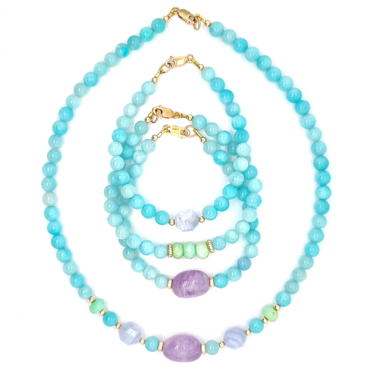 Deva Amazonite, Blue Lace Agate, Chrysophase 14k gold Necklace