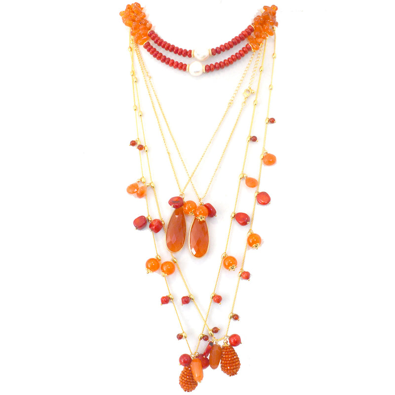 Glamour Carnelian, Coral and Fresh Water Pearl necklaces set of 3