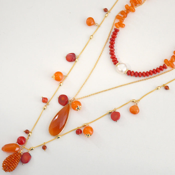 Glamour Carnelian, Coral and Fresh Water Pearl necklaces set of 3