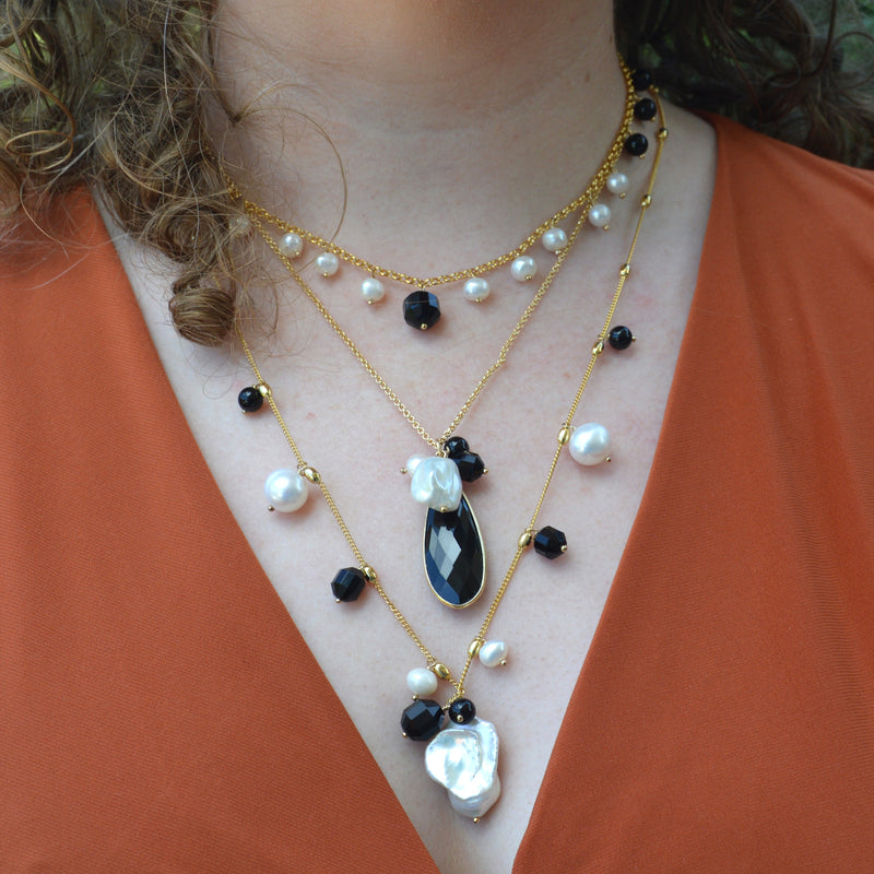 Glamour Onyx and Fresh Water Pearl necklaces set of 3