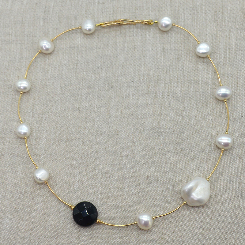 Tin Cup Freshwater Pearl Onyx 14K gold filled necklace