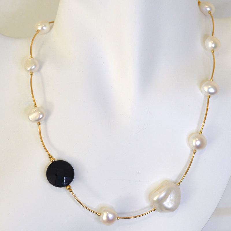 Tin Cup Freshwater Pearl Onyx 14K gold filled necklace