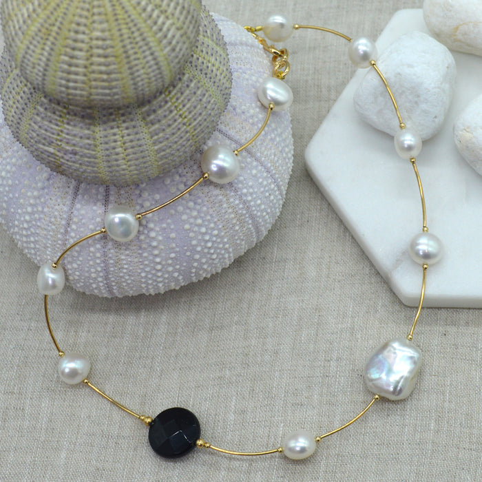 Tin Cup Freshwater Pearl Onyx 14K gold filled necklace