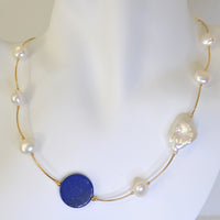 Tin Cup Freshwater Pearl Lapis Lazuli 14K gold filled necklace