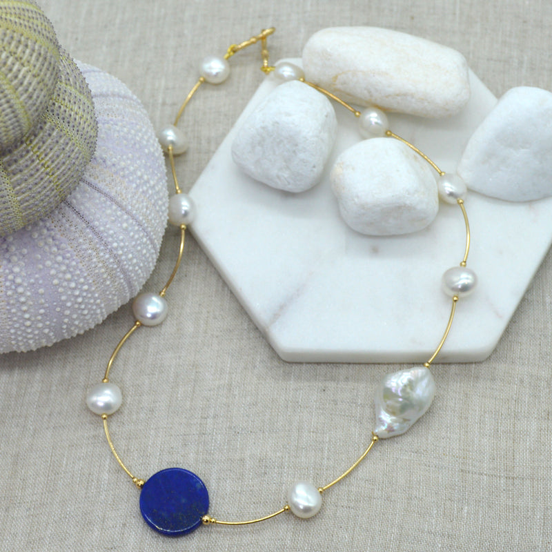 Tin Cup Freshwater Pearl Lapis Lazuli 14K gold filled necklace