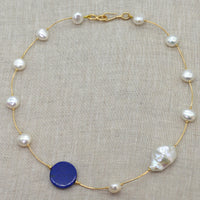 Tin Cup Freshwater Pearl Lapis Lazuli 14K gold filled necklace