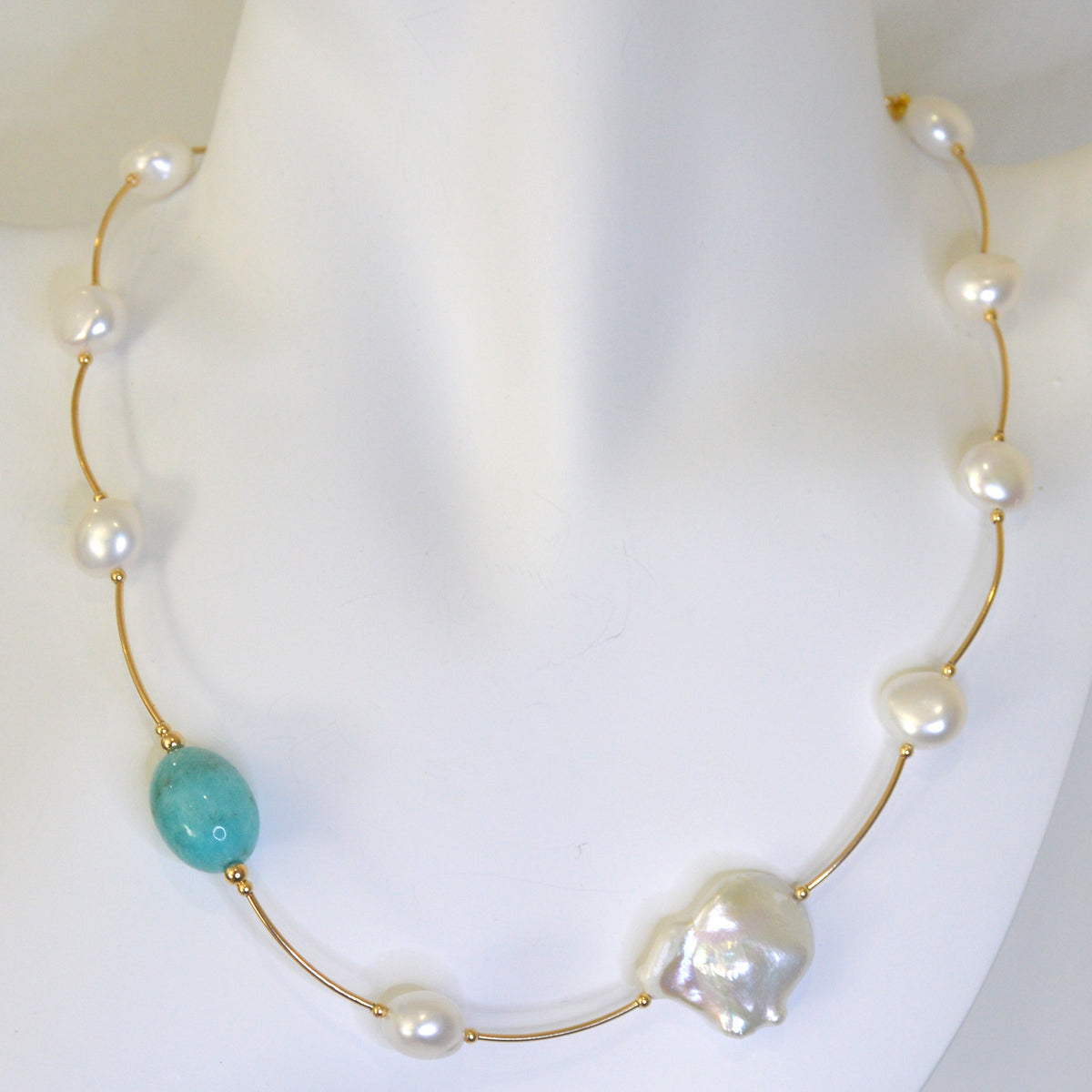 Tin Cup Freshwater Pearl Amazonite 14K gold filled necklace