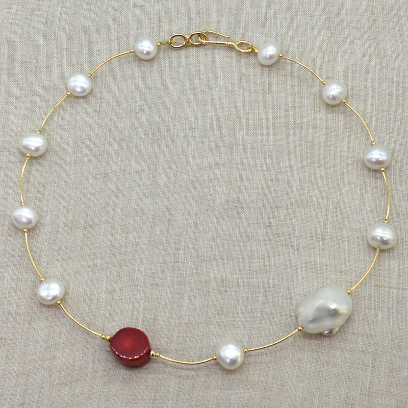 Tin Cup Freshwater Pearl Coral 14K gold filled necklace