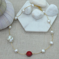 Tin Cup Freshwater Pearl Coral 14K gold filled necklace