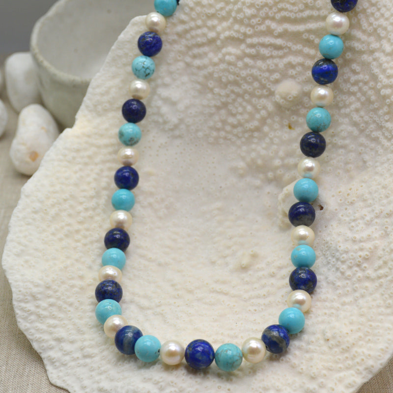 Lapis Lazuli, Turquoise & Freshwater Pearl Gold Necklace