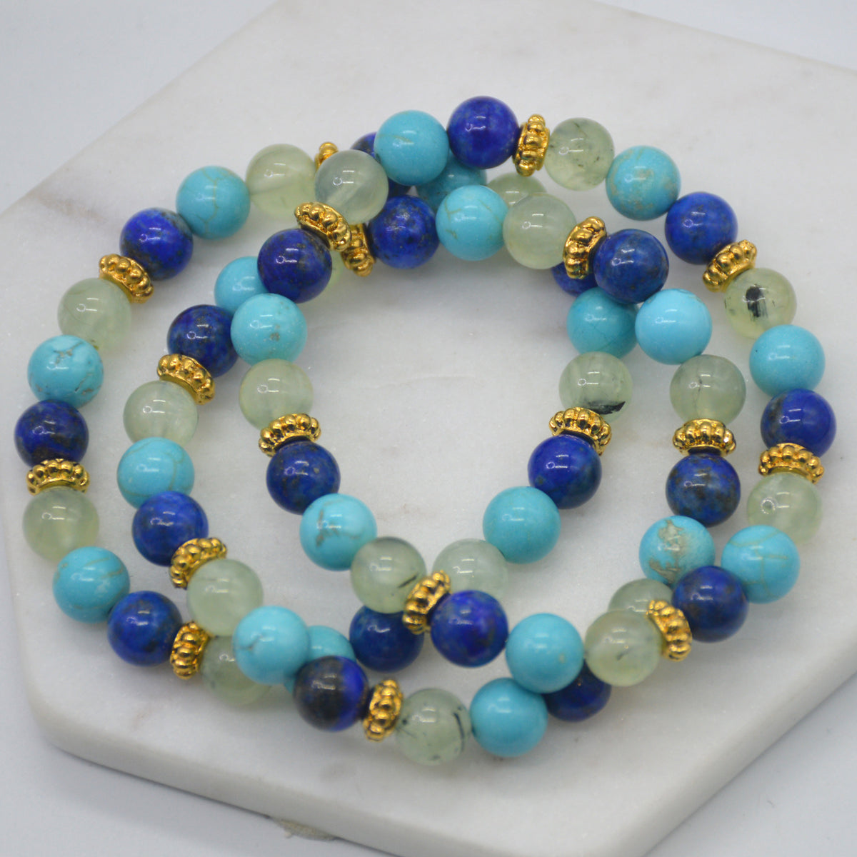 Mana Lapis Lazuli, Turquoise Prehnite Gold stretchy Bracelet