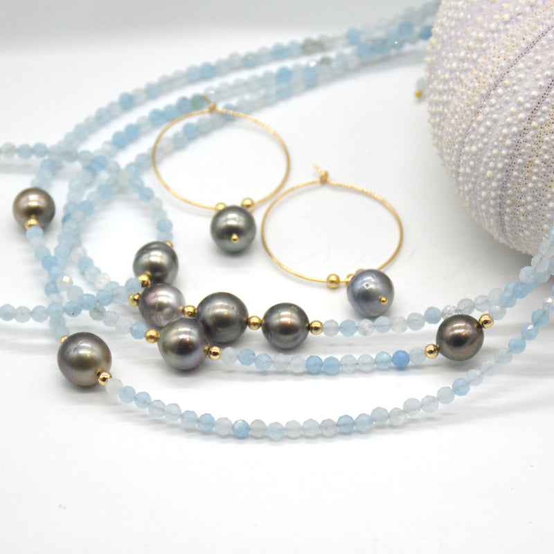 Venus 14k Gold filled, Aquamarine & Tahitian Pearl necklaces