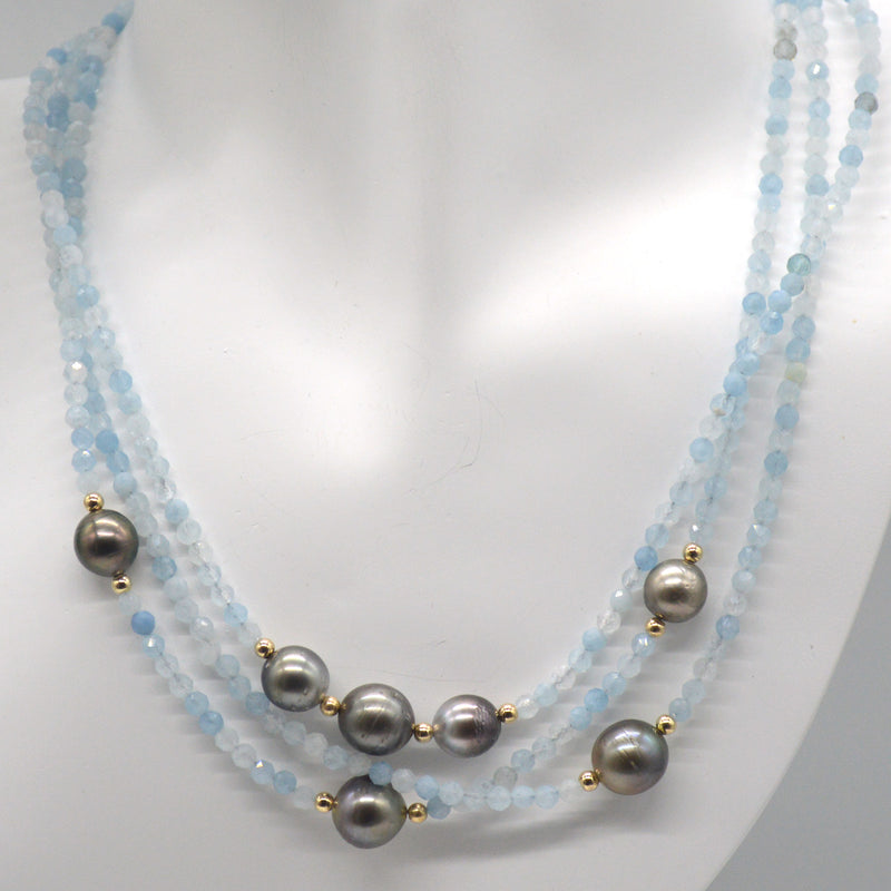 Venus 14k Gold filled, Aquamarine & Tahitian Pearl necklaces