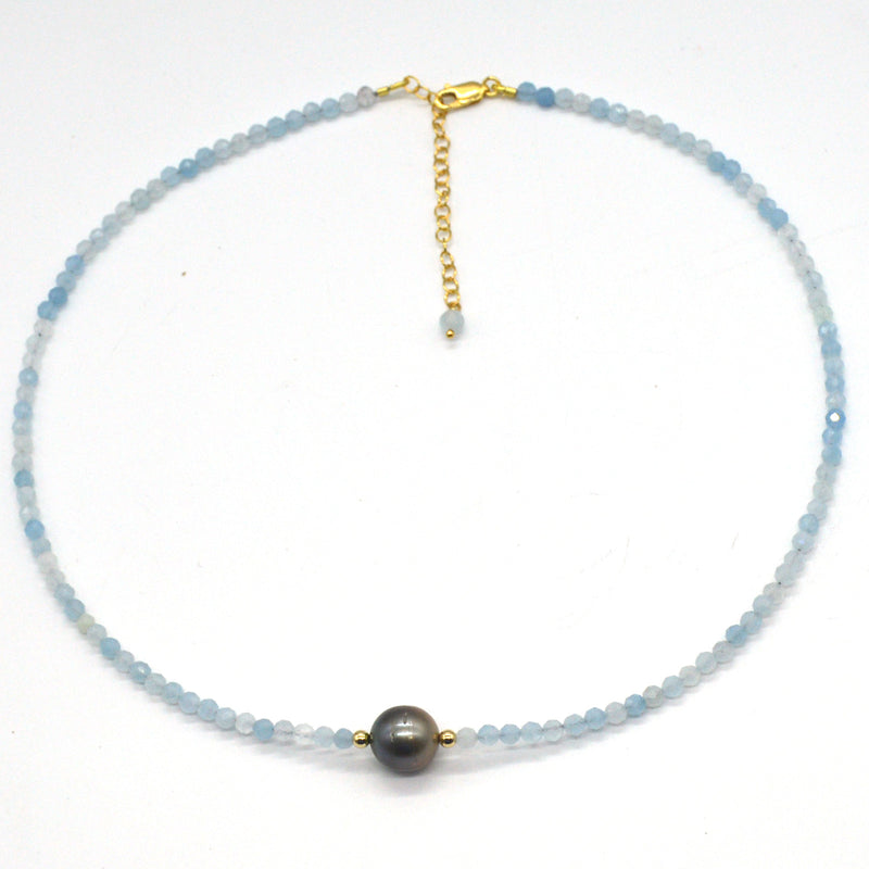 Venus 14k Gold filled, Aquamarine & Tahitian Pearl necklaces