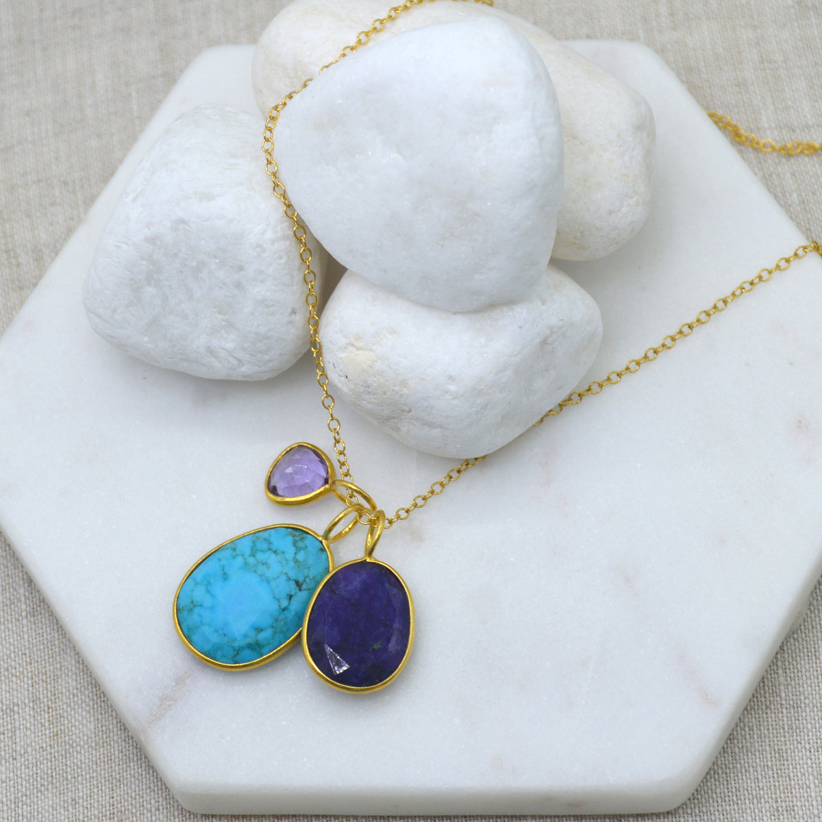 Tatiana 3 Gemstone drop No.3 Turquoise, Sapphire & Amethyst one only