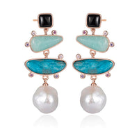 Clio Rose gold Drop stud earrings Amazonite, Onyx, Apatite and Fresh Water Pearl