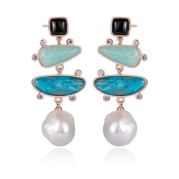 Clio Rose gold Drop stud earrings Amazonite, Onyx, Apatite and Fresh Water Pearl