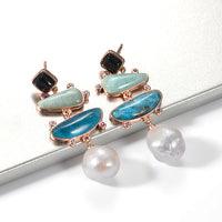 Clio Rose gold Drop stud earrings Amazonite, Onyx, Apatite and Fresh Water Pearl