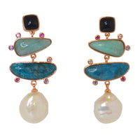 Clio Rose gold Drop stud earrings Amazonite, Onyx, Apatite and Fresh Water Pearl