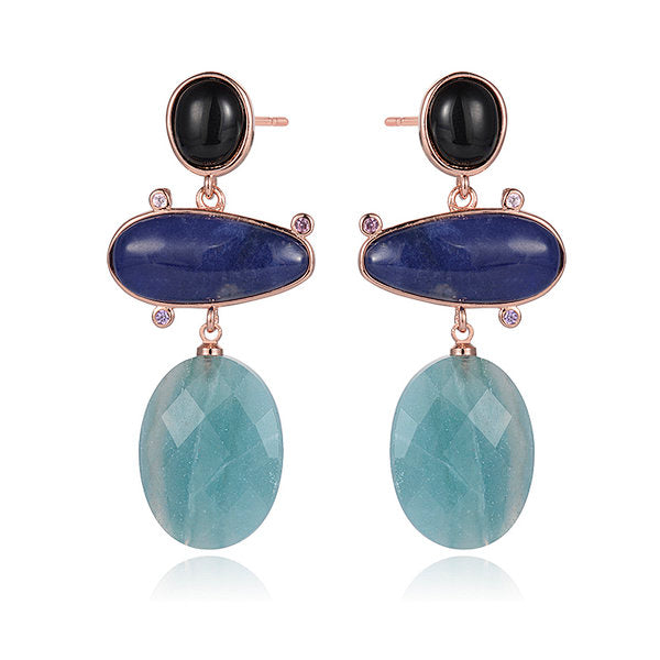 Clio Rose gold Drop stud earrings Amazonite, Onyx and Lapis Lazuli