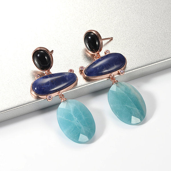 Clio Rose gold Drop stud earrings Amazonite, Onyx and Lapis Lazuli