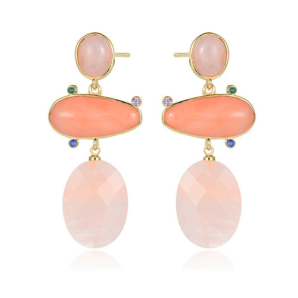 Clio gold Drop stud earrings Rose Quartz and Sunstone