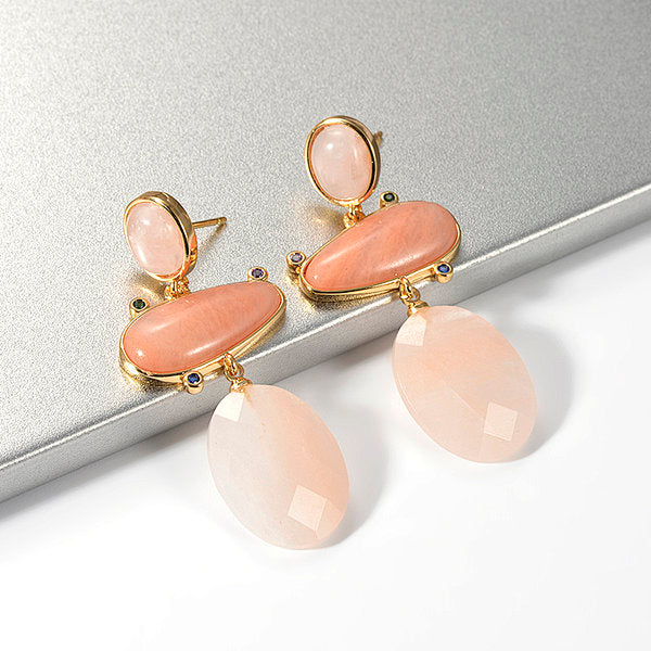 Clio gold Drop stud earrings Rose Quartz and Sunstone