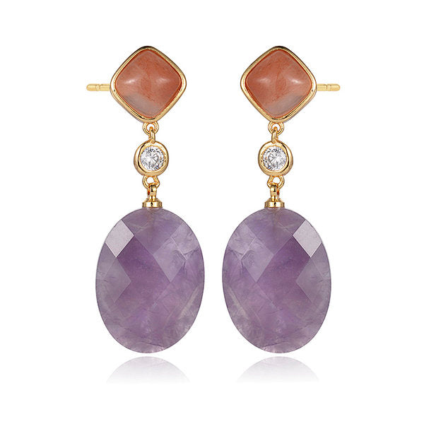 Clio gold Drop stud earrings Amethyst, Sunstone and CZ