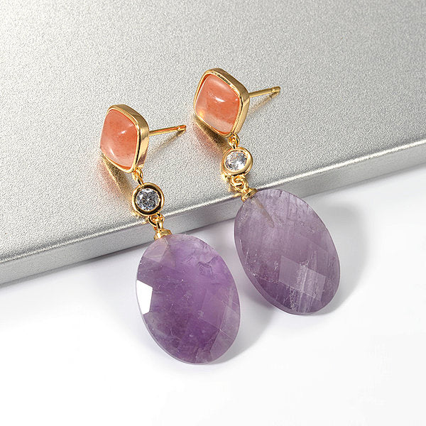 Clio gold Drop stud earrings Amethyst, Sunstone and CZ