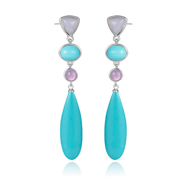 Clio Rhodium Drop stud earrings Amethyst, Blue Lace Agate & Turquoise