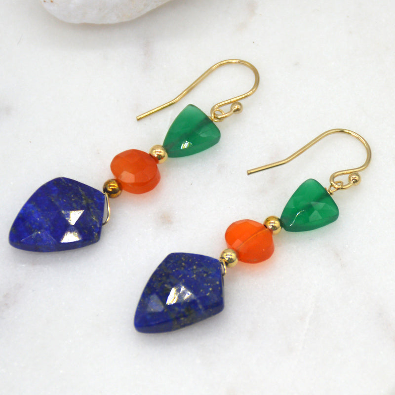 Callie Spear gemstone 14k Gold filled Earrings Green Onyx , Lapis Lazuli & Carnelian