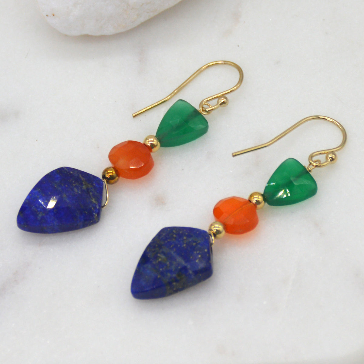 Callie Spear gemstone 14k Gold filled Earrings Green Onyx , Lapis Lazuli & Carnelian