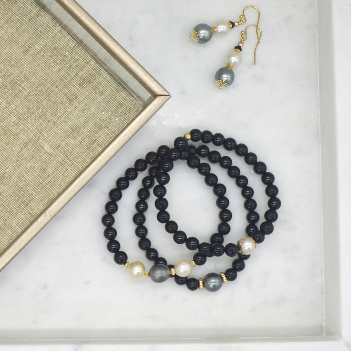 Deva Onyx, Tahitan or South Sea Pearls 14K Gold filled Bracelets