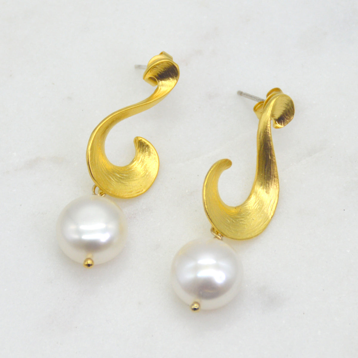 Ella Scroll Fresh Water Pearl Earrings Silver or Gold