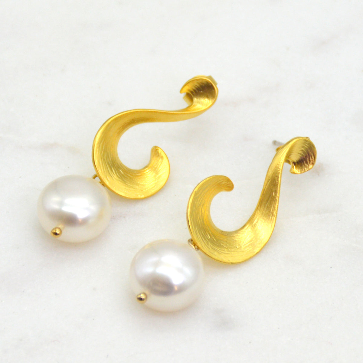 Ella Scroll Fresh Water Pearl Earrings Silver or Gold