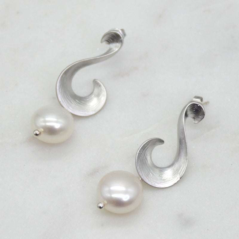 Ella Scroll Fresh Water Pearl Earrings Silver or Gold