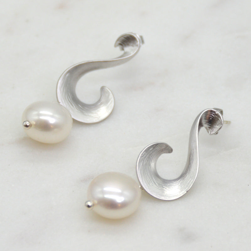 Ella Scroll Fresh Water Pearl Earrings Silver or Gold