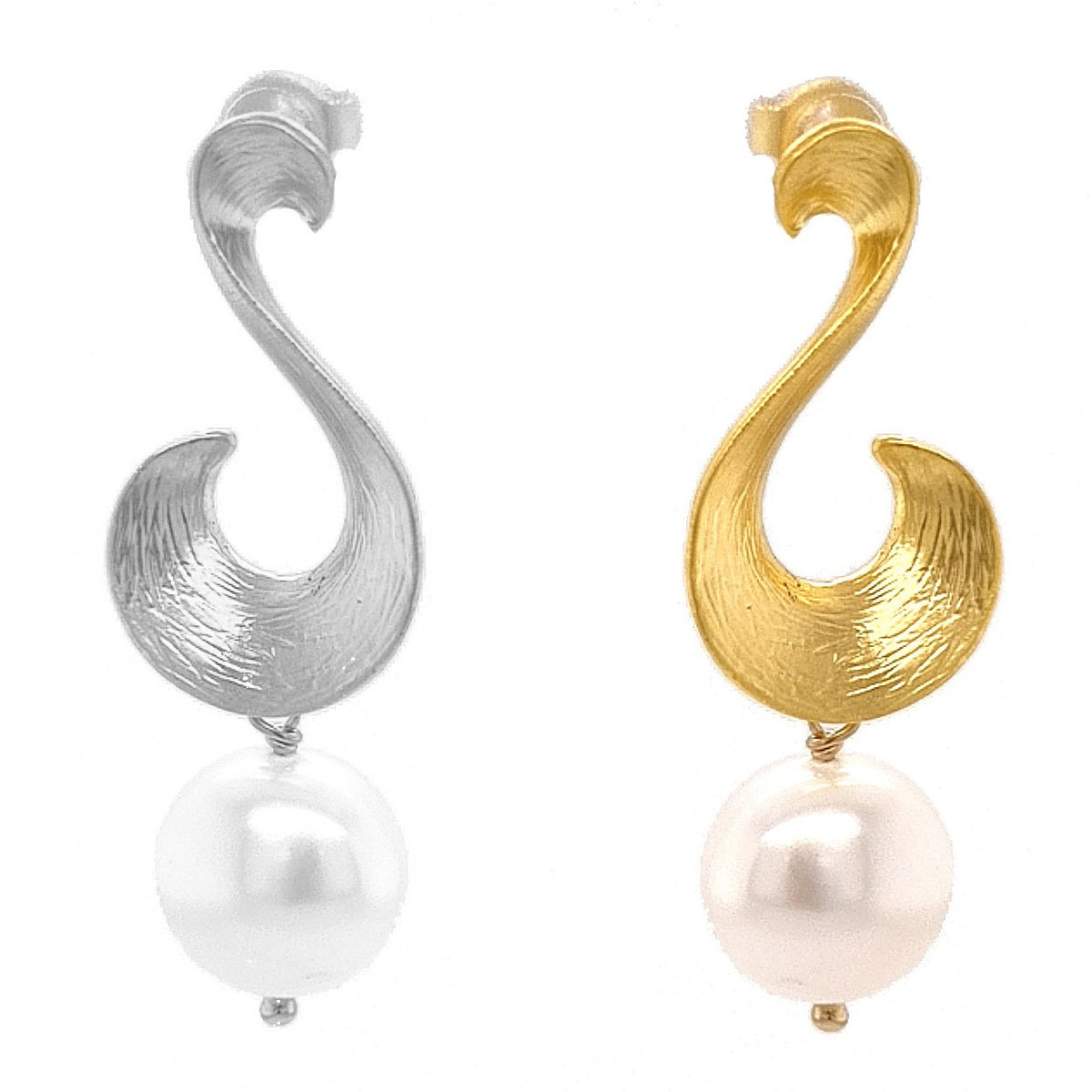 Ella Scroll Fresh Water Pearl Earrings Silver or Gold