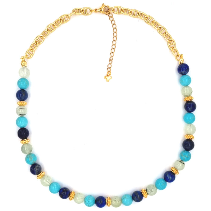 Mana natural Lapis Lazuli, Turquoise Prehnite Gold Necklace