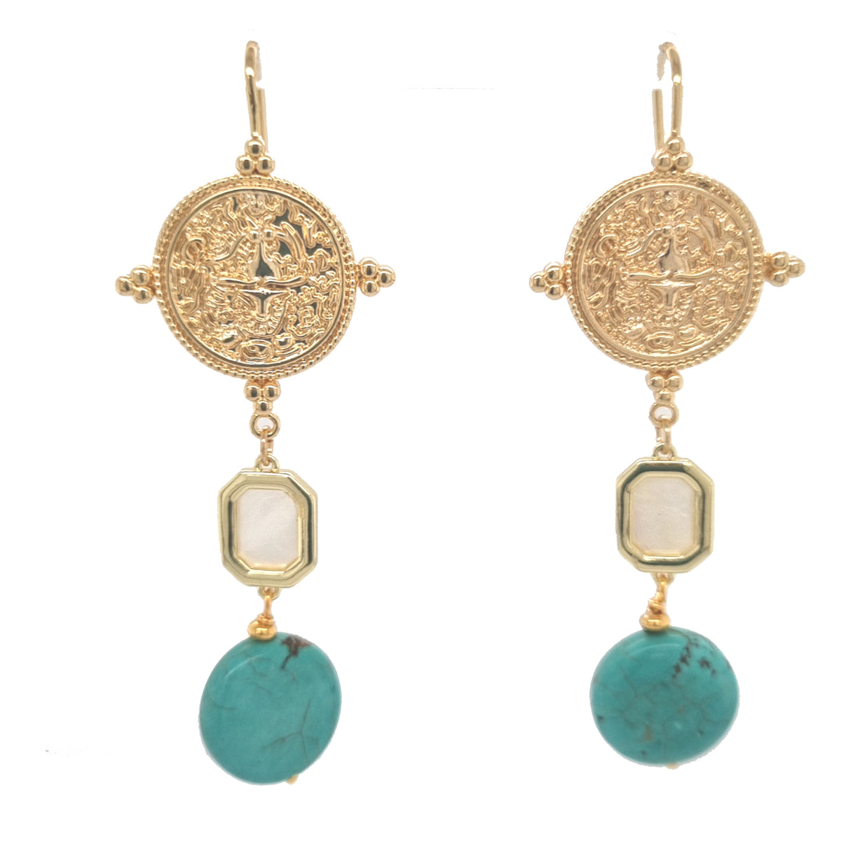 Meghan Coin Earrings with Turquoise and Mother of Pearl