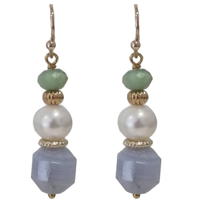 Daisy Blue Lace Agate, Freshwater Pearl Chrysophase Earrings